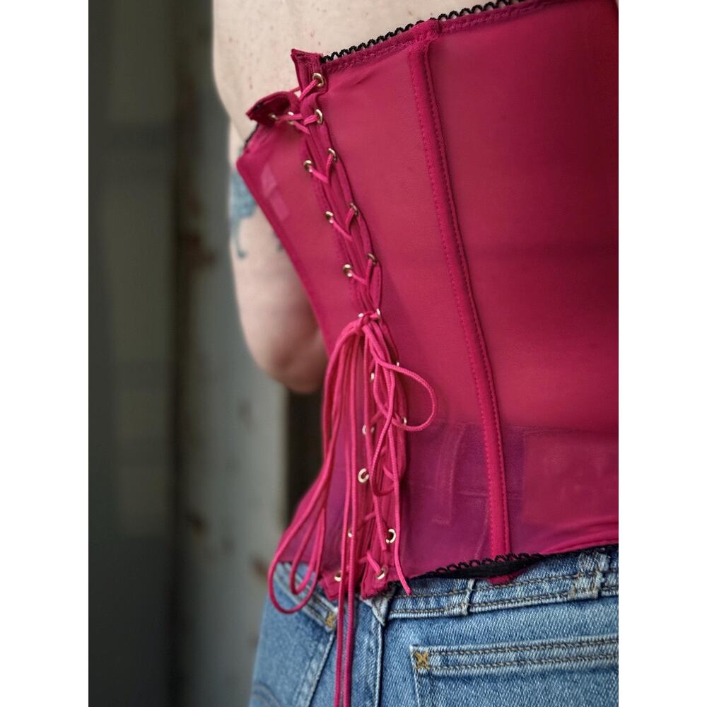 Vintage Y2K Leopard Corset Top | Pink Lace-Up Bustier | Zip Front Top | Size L - Picture 5 of 7